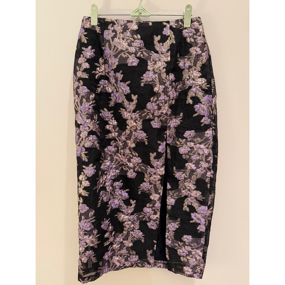 Lulus Floral Brocade Midi Skirt Purple Gold Metallic Jacquard Side Slit Womens M